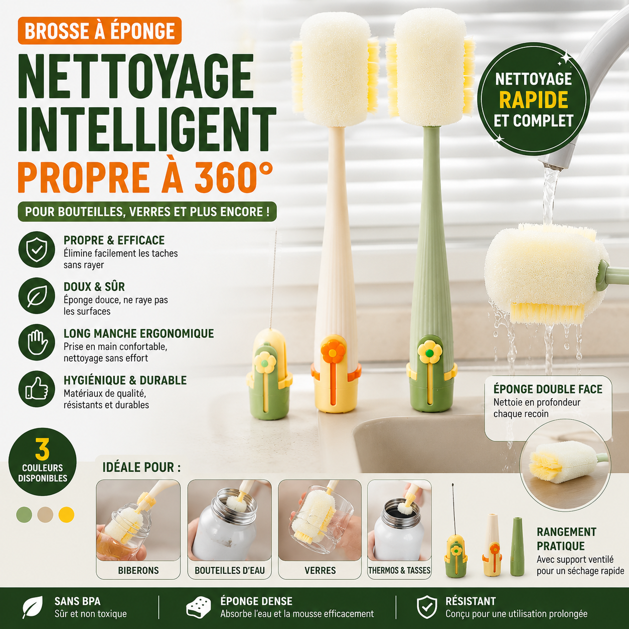Brosse de nettoyage pour bouteille d’eau 5-en-1