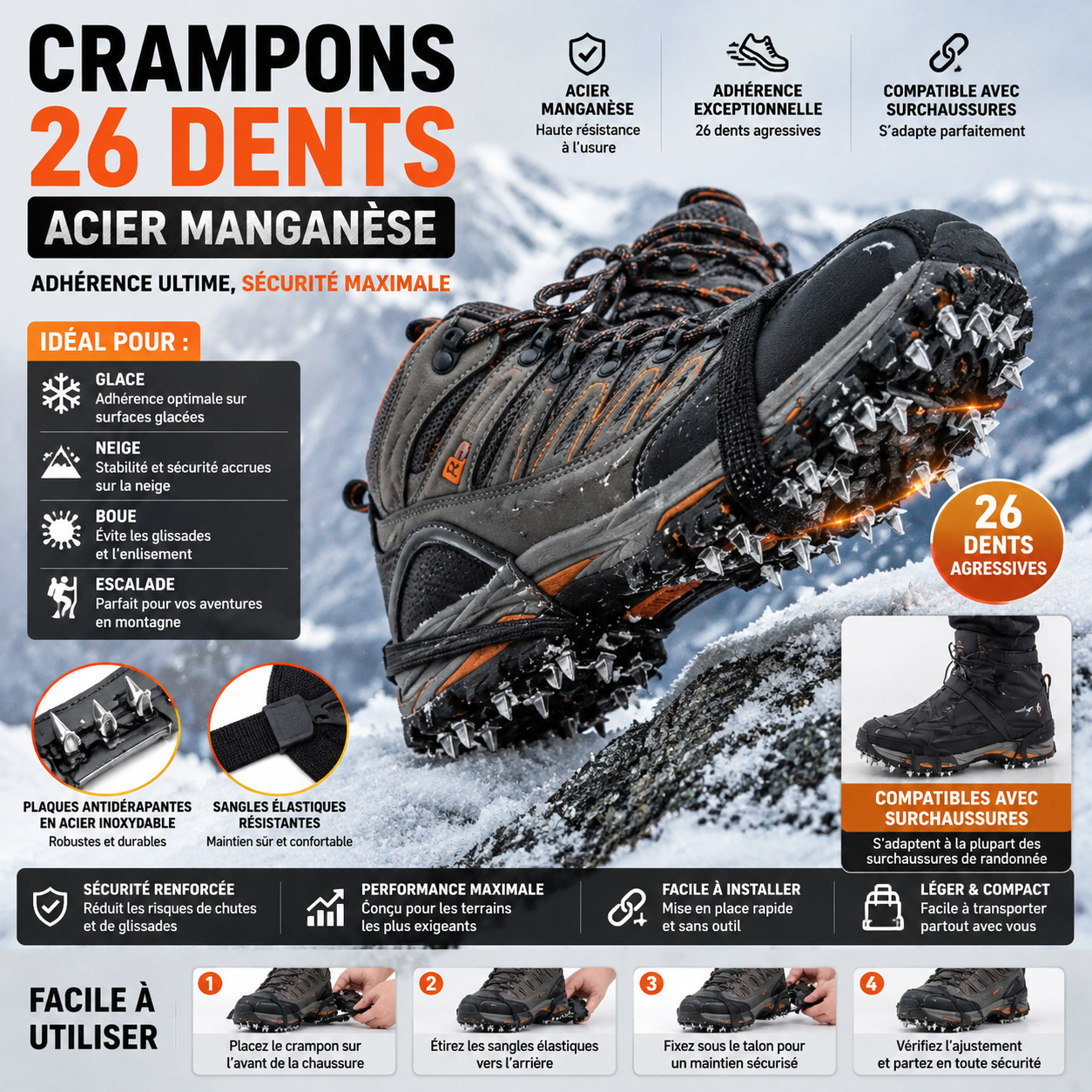 Crampons 26 Dents Acier Manganèse 🥾 | Plaques Antidérapantes en Acier Inoxydable ⚙️ | Pour Glace, Neige, Boue & Escalade ❄️🧗 | Compatibles avec Surchaussures