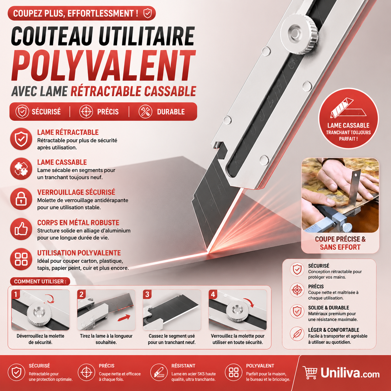 Couteau utilitaire polyvalent avec lame rétractable cassable