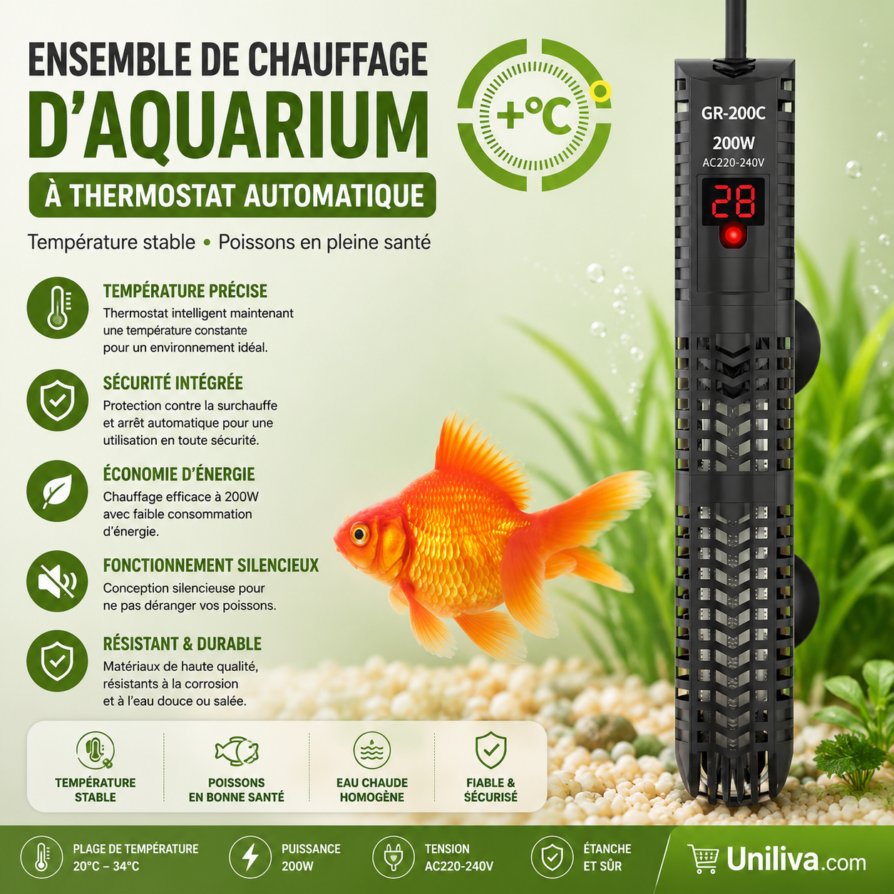 Ensemble de chauffage d'aquarium à thermostat automatique