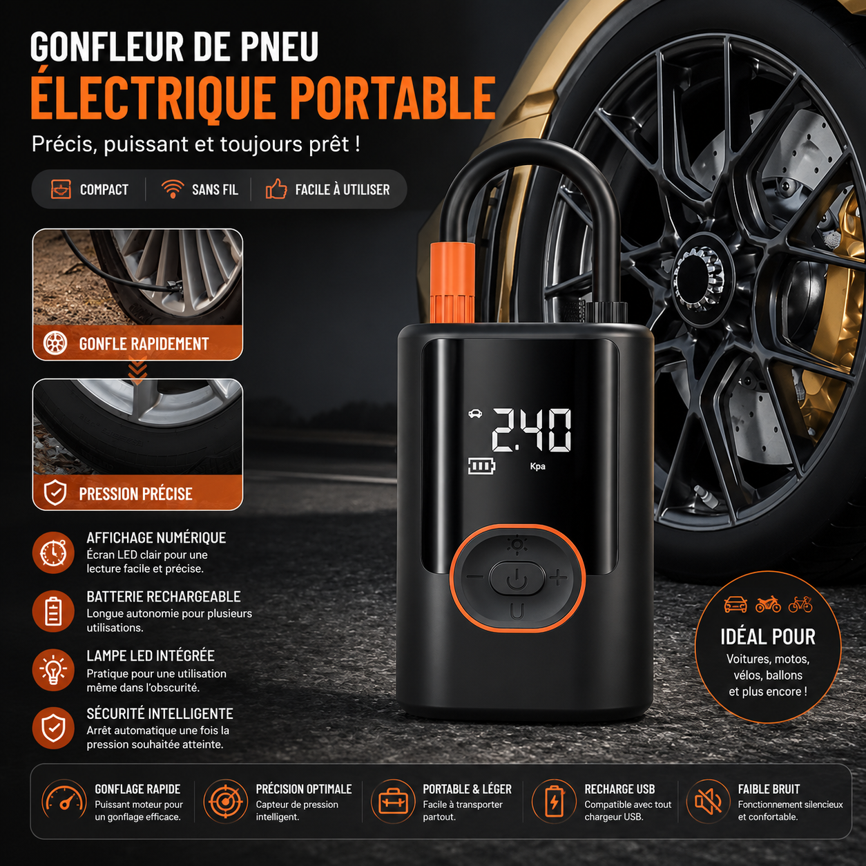 Gonfleur de Pneus de Voiture Portable Multifonction avec Lumière