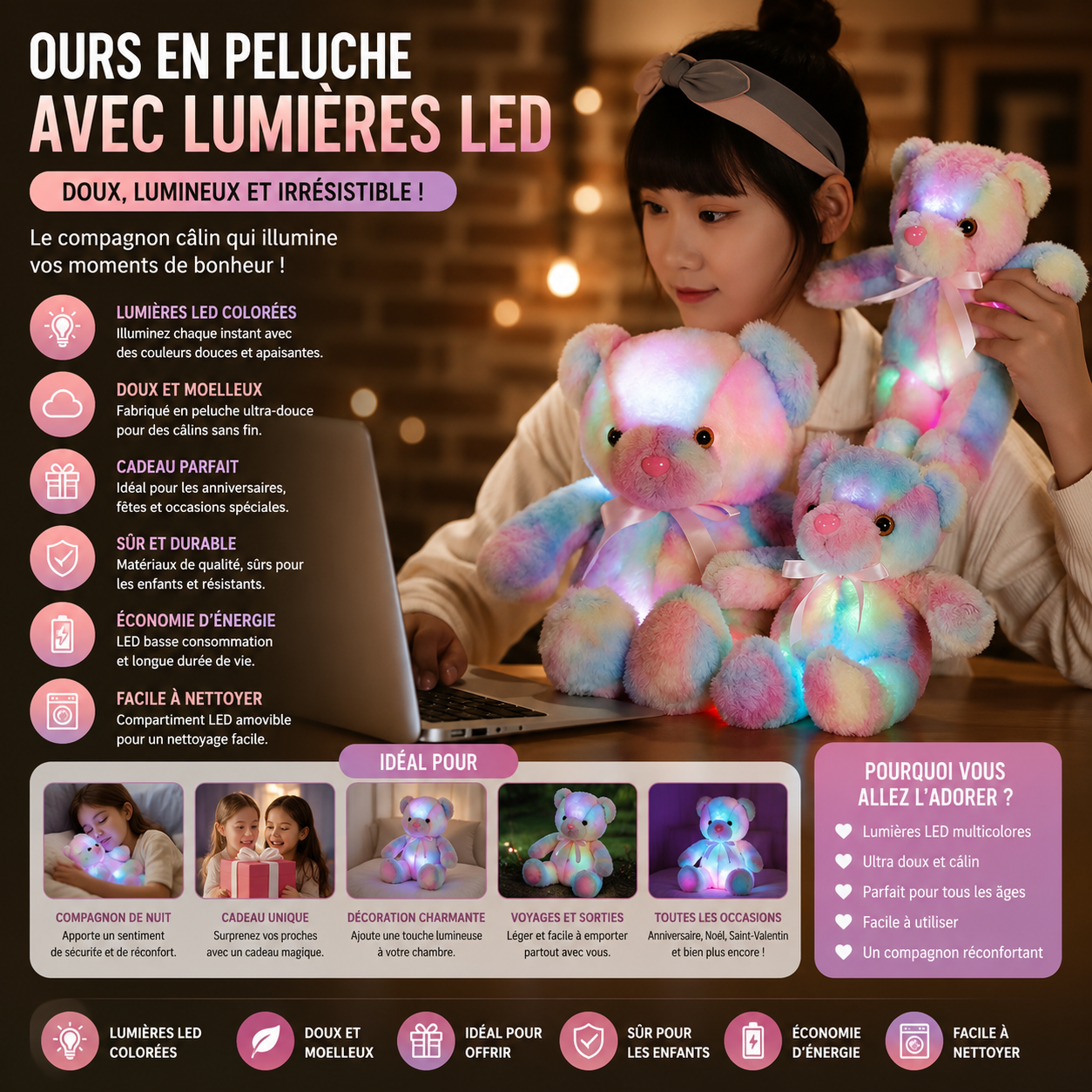 Ours en peluche doux avec lumières LED colorées