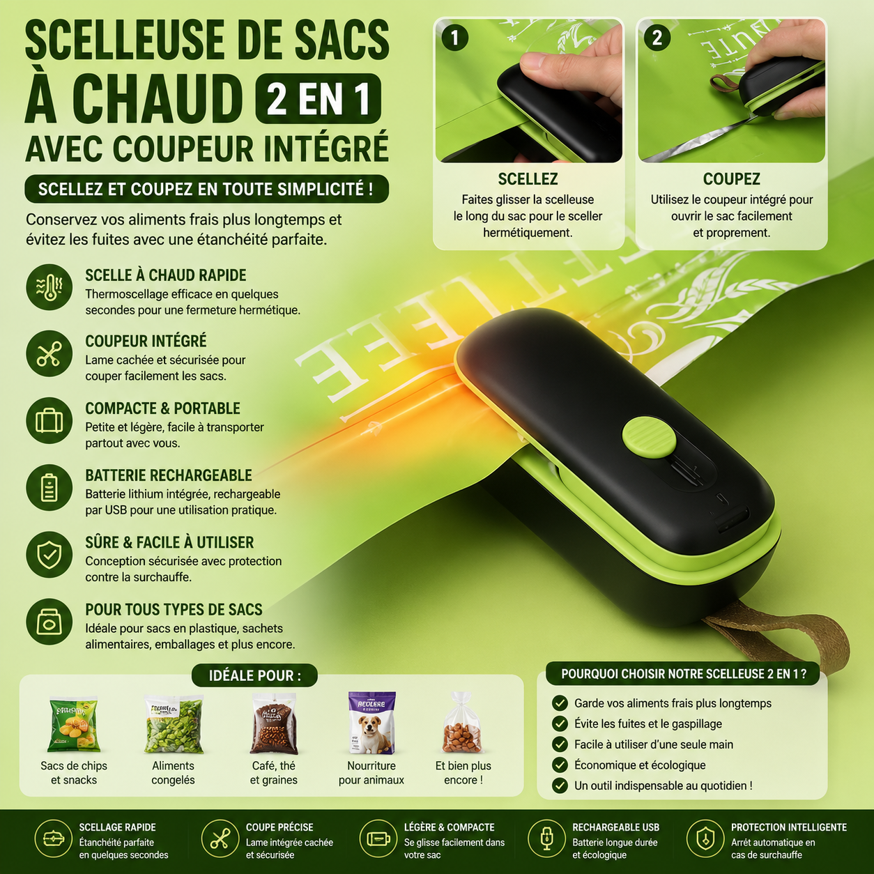 Scelleuse de sacs à chaud portable 2 en 1 avec coupeur