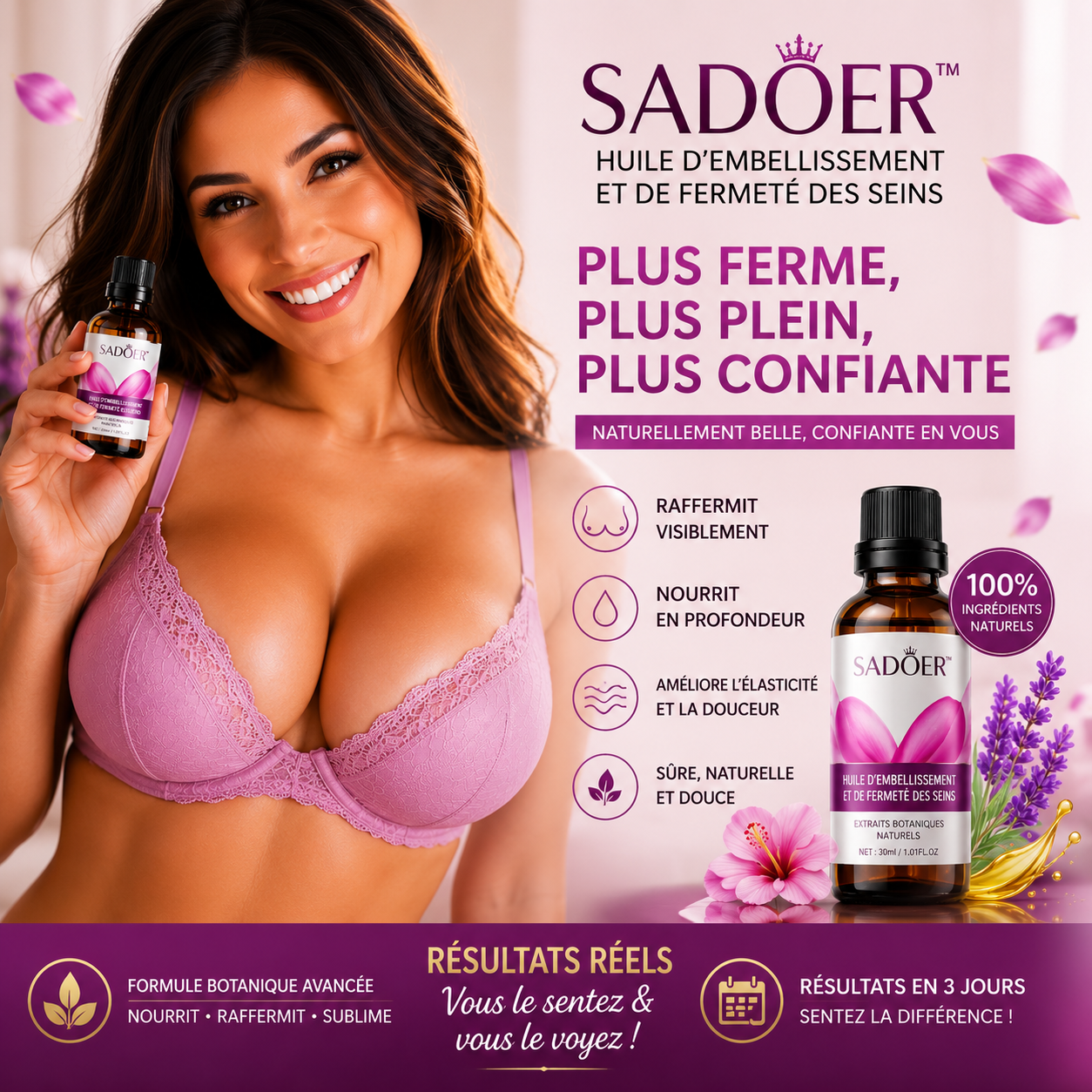 Sadoer™ Huile Raffermissante pour la Poitrine | Révélez une poitrine visiblement plus ferme, plus galbée et naturellement sublimée grâce à une formule botanique avancée.