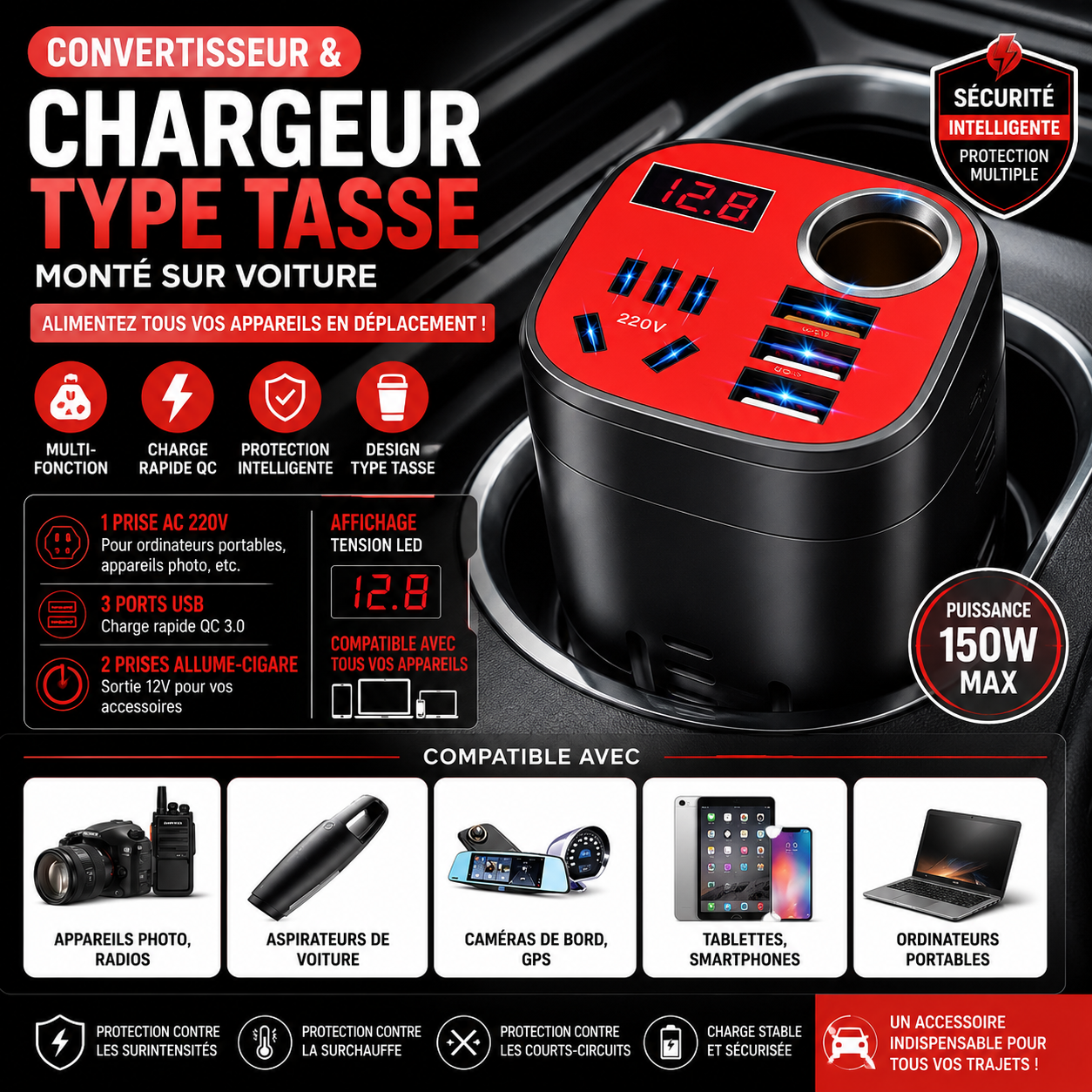 Convertisseur et QC Chargeur de Type Tasse Monté sur Voiture