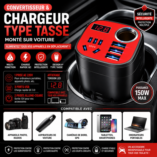 Convertisseur et QC Chargeur de Type Tasse Monté sur Voiture