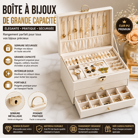 Boîte à bijoux de grande capacité en cuir PU pour boucles d’oreilles et colliers avec serrure