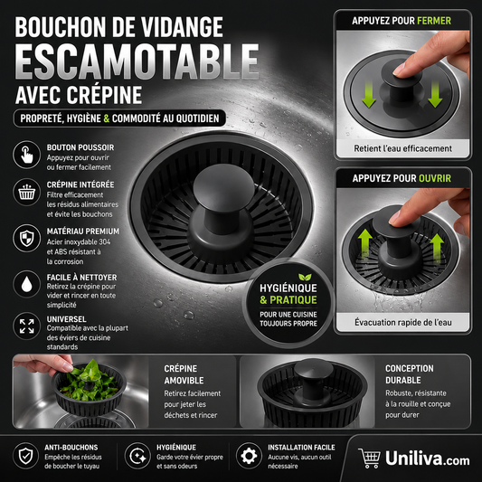 Bouchon de vidange d'évier escamotable avec crépine