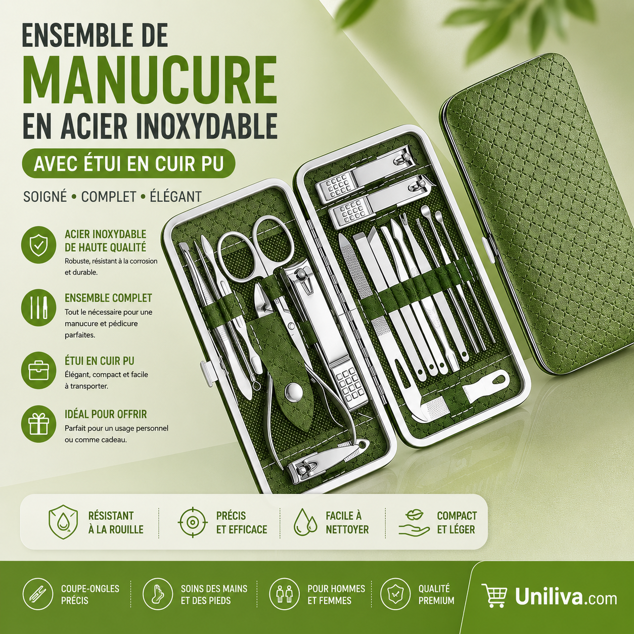 Ensemble de Manucure en Acier Inoxydable avec Étui en Cuir PU