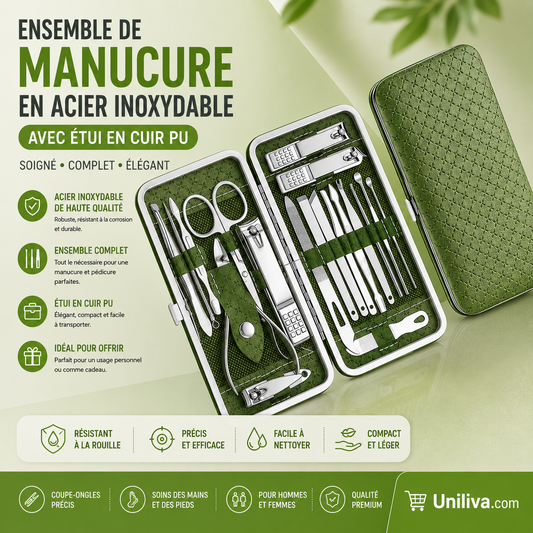 Ensemble de Manucure en Acier Inoxydable avec Étui en Cuir PU