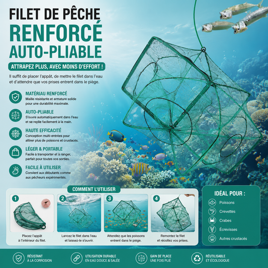 Filet de pêche renforcé auto-pliable