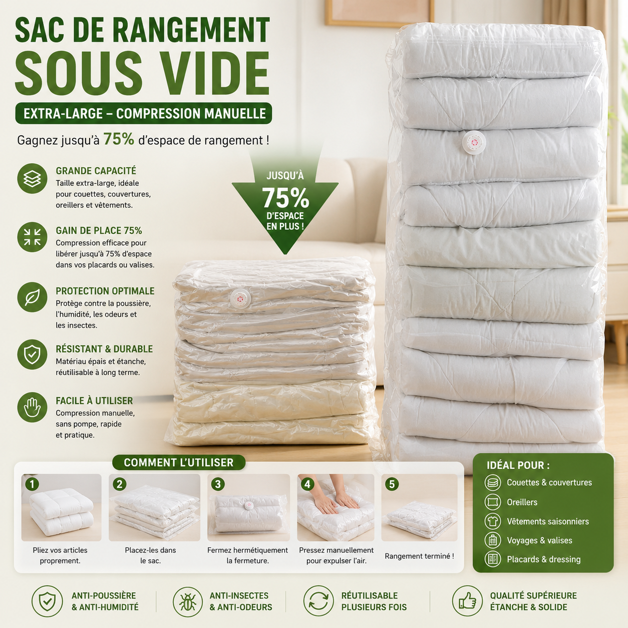 Sac de rangement sous vide extra-large – Compression manuelle