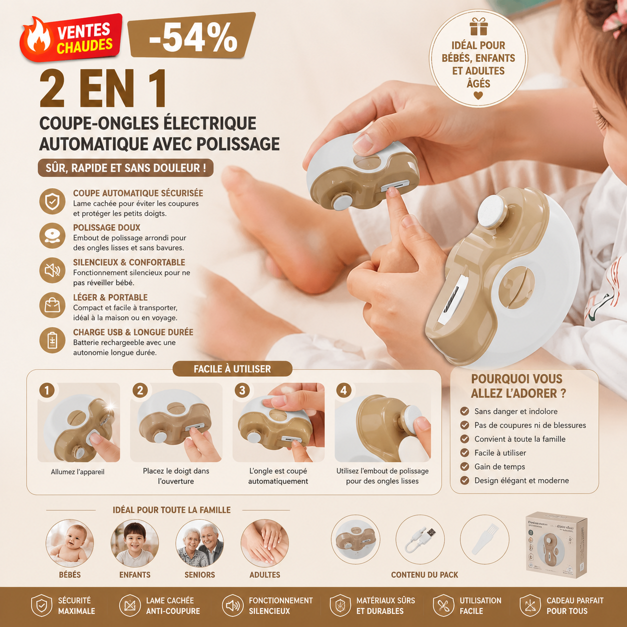 ⏰Ventes chaudes - 54% de réduction🔥2 en 1 Coupe-ongles Électrique Automatique avec Polissage