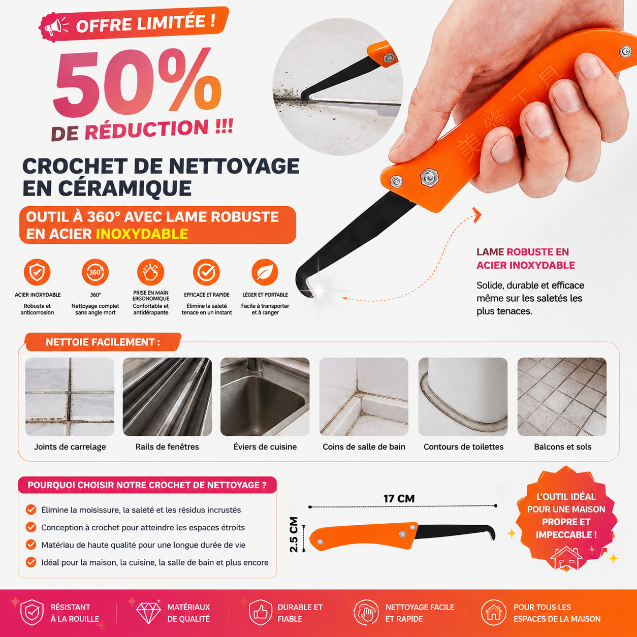 📢📢50 % de réduction !!!✨Crochet de nettoyage en céramique | Outil à 360° avec lame robuste en acier inoxydable
