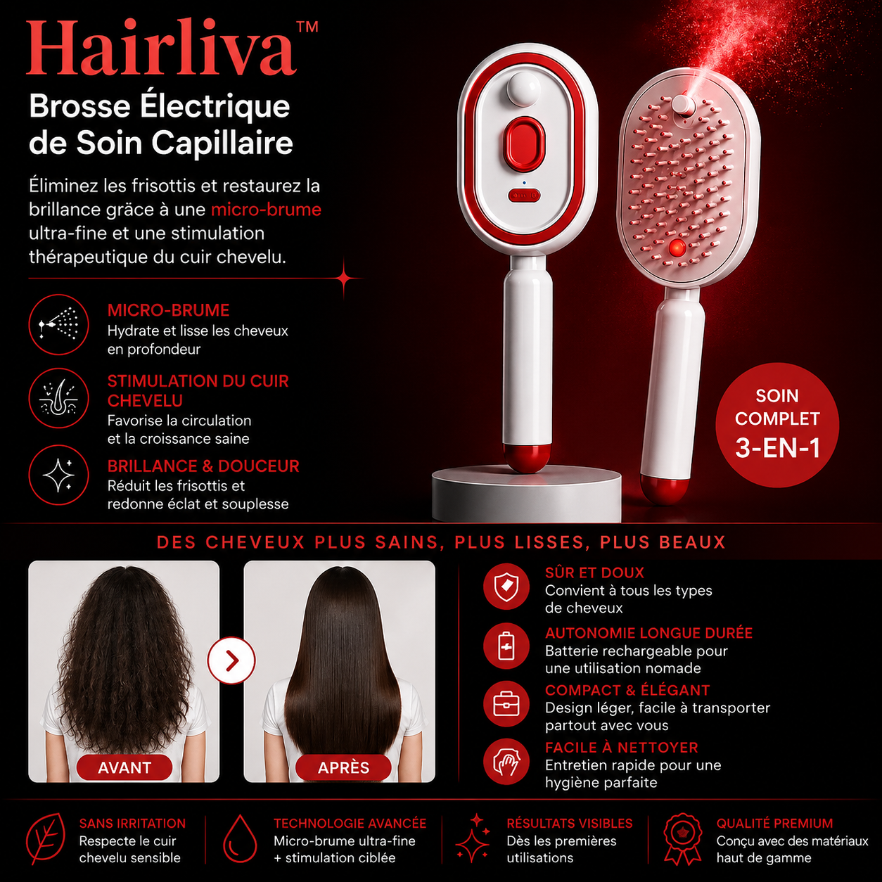 Hairliva™ Brosse Électrique de Soin Capillaire | Éliminez les frisottis, hydratez vos cheveux et révélez une brillance naturelle en quelques secondes.