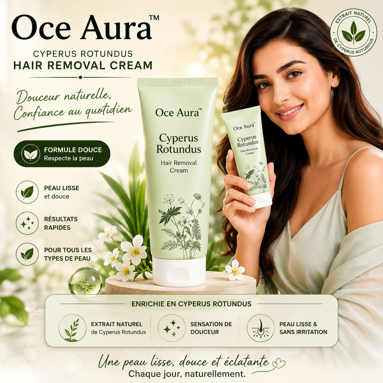 Oce Aura™ Crème Dépilatoire à la Cyperus Rotundus – Formule Ultra Rapide et Sans Douleur pour Hommes & Femmes, Peau Douce et Lisse en 90 Secondes