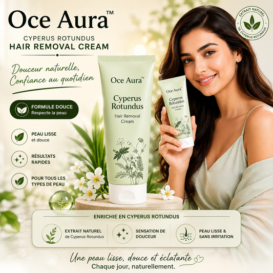 Oce Aura™ Crème Dépilatoire à la Cyperus Rotundus – Formule Ultra Rapide et Sans Douleur pour Hommes & Femmes, Peau Douce et Lisse en 90 Secondes