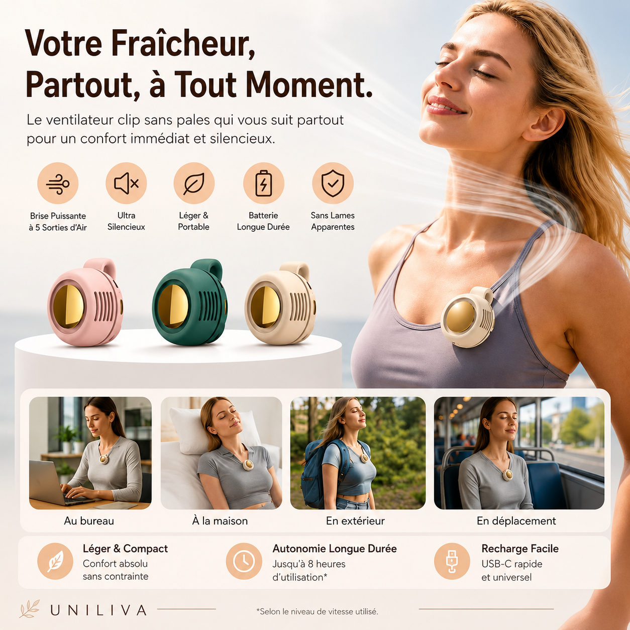Cooliva™ Clip Fan | Le ventilateur silencieux mains libres qui travaille pendant que vous vivez — Léger, discret & toujours avec vous