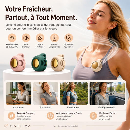 Cooliva™ Clip Fan | Le ventilateur silencieux mains libres qui travaille pendant que vous vivez — Léger, discret & toujours avec vous